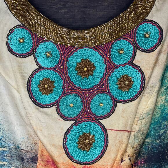 Anthropologie Bhanuni Jyoti Villette Necklaced Dress Beaded Watercolor SZ 2 - Picture 3 of 12